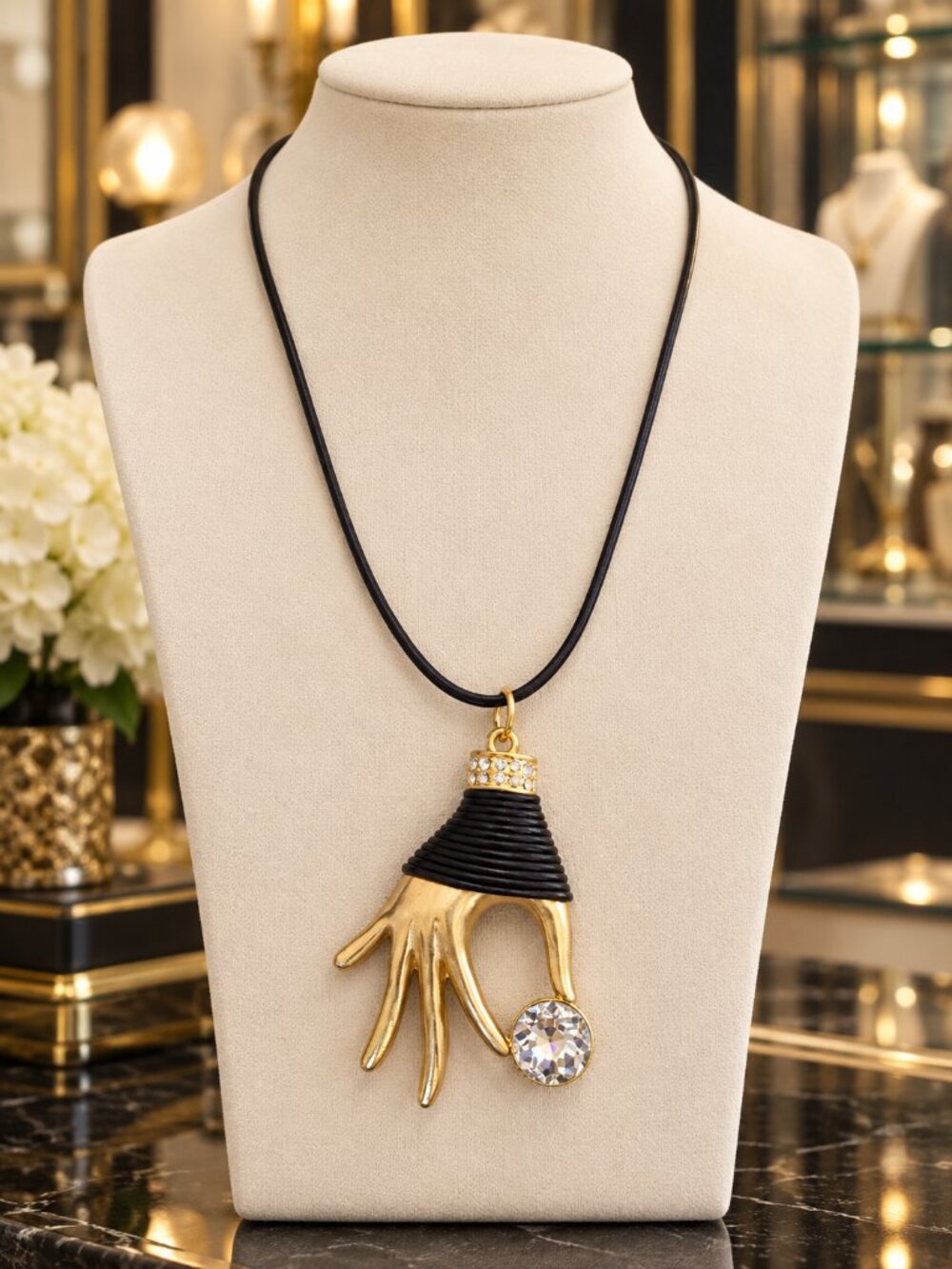 Gold Hand Pendant Necklace, Black Cord Statement Necklace, Crystal Accent Jewelr